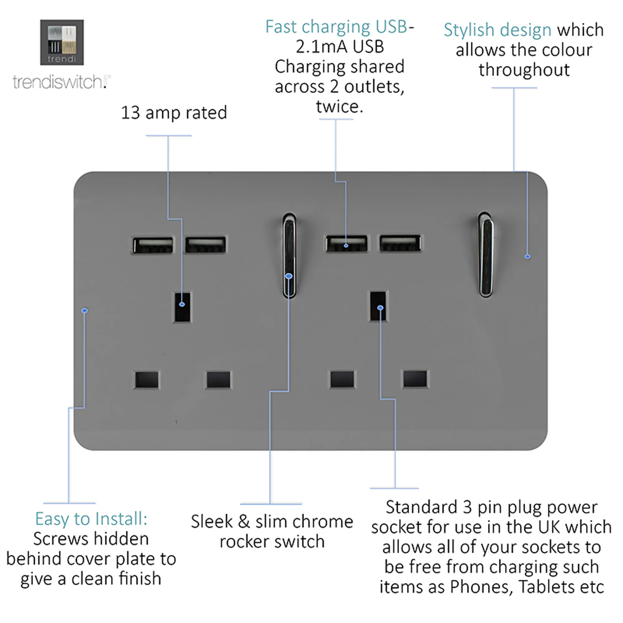 2 Gang 13Amp Switched Double Socket With 4X 2.1Mah USB Light Grey ART-SKT213USBLG  Trendi Light Grey